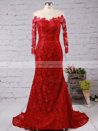 Trumpet/Mermaid Scoop Neck Lace Sweep Train Appliques Lace Prom Dresses #Favs020102176