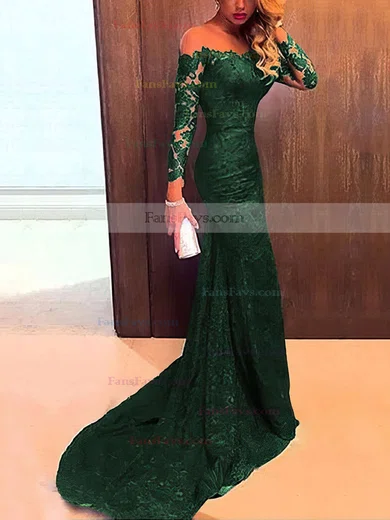 Trumpet/Mermaid Scoop Neck Lace Sweep Train Appliques Lace Prom Dresses #Favs020102176