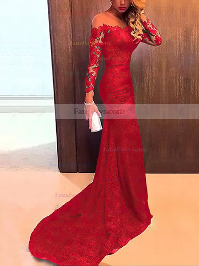 Trumpet/Mermaid Scoop Neck Lace Sweep Train Appliques Lace Prom Dresses #Favs020102176