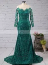 Trumpet/Mermaid Scoop Neck Lace Sweep Train Appliques Lace Prom Dresses #Favs020102176