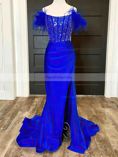 Sheath/Column Off-the-shoulder Silk-like Satin Sweep Train Prom Dresses With Feathers / Fur #Favs020113895