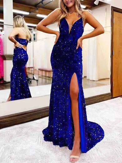 Sheath/Column V-neck Sequined Sweep Train Prom Dresses With Split Front #Favs020113898