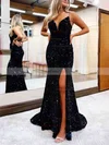 Sheath/Column V-neck Sequined Sweep Train Prom Dresses With Split Front #Favs020113898