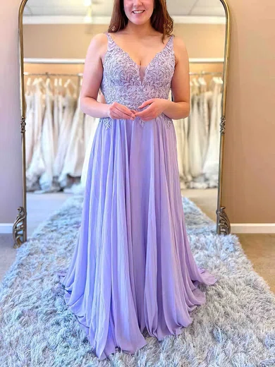 A-line V-neck Lace Chiffon Sweep Train Prom Dresses With Appliques Lace #Favs020113899