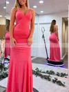 Trumpet/Mermaid V-neck Jersey Sweep Train Prom Dresses With Beading #Favs020113908