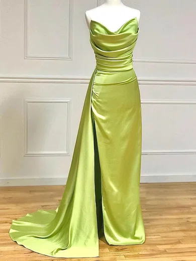 Sheath/Column Cowl Neck Silk-like Satin Sweep Train Prom Dresses With Split Front #Favs020113920