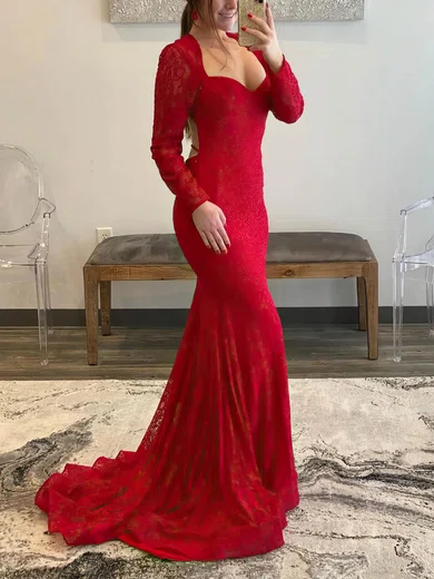 Trumpet/Mermaid V-neck Lace Sweep Train Prom Dresses With Beading #Favs020113934