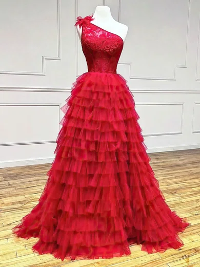 A-line One Shoulder Lace Tulle Sweep Train Prom Dresses With Tiered #Favs020113942