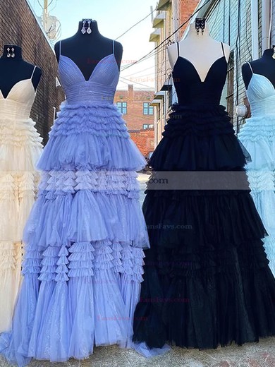 A-line V-neck Glitter Sweep Train Prom Dresses With Tiered #Favs020113960