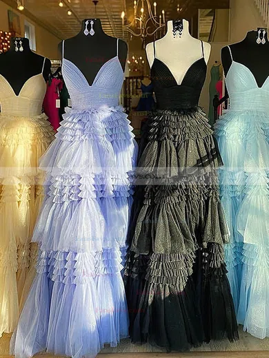 A-line V-neck Glitter Sweep Train Prom Dresses With Tiered #Favs020113960