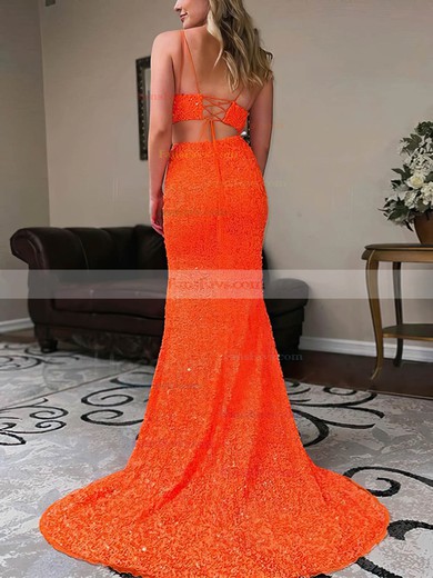 Sheath/Column V-neck Sequined Sweep Train Prom Dresses With Split Front #Favs020113981