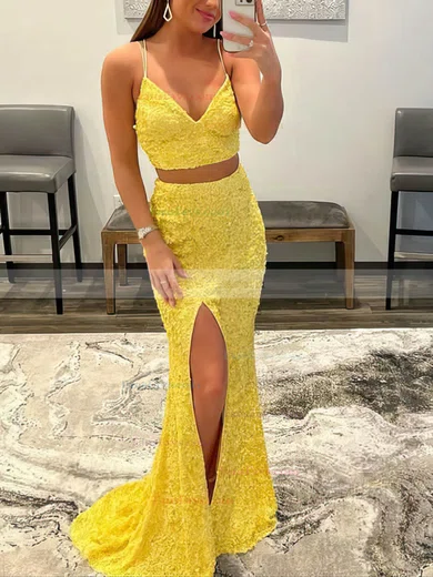 Sheath/Column V-neck Sequined Sweep Train Prom Dresses With Split Front #Favs020113981