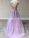 A-line Off-the-shoulder Tulle Glitter Sweep Train Prom Dresses With Appliques Lace #Favs020114002