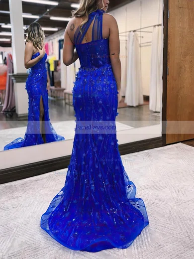 Sheath/Column One Shoulder Tulle Sweep Train Prom Dresses With Split Front #Favs020114033