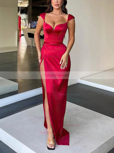 Sheath/Column V-neck Silk-like Satin Sweep Train Prom Dresses With Split Front #Favs020114039