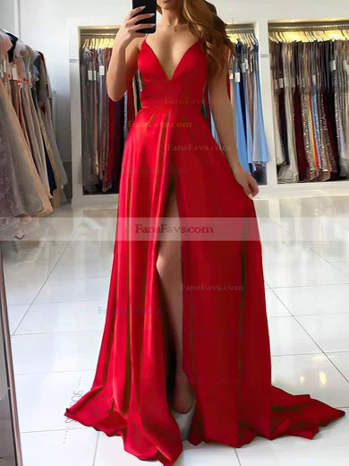 A-line V-neck Silk-like Satin Sweep Train Prom Dresses With Split Front #Favs020114046
