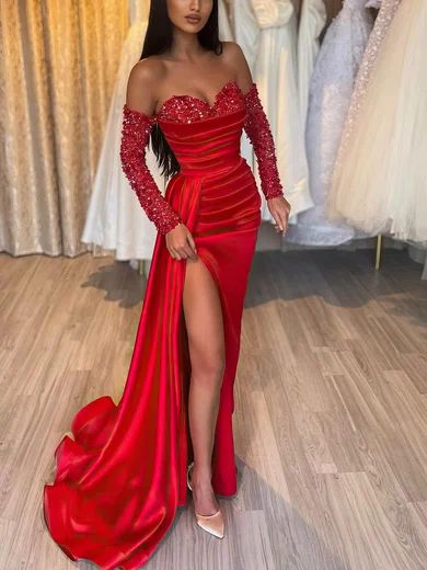 Sheath/Column Sweetheart Satin Sweep Train Prom Dresses With Split Front #Favs020114079