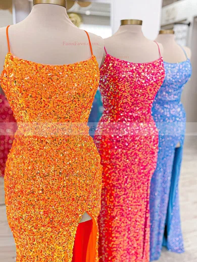 Sheath/Column Scoop Neck Sequined Sweep Train Prom Dresses With Split Front #Favs020114081