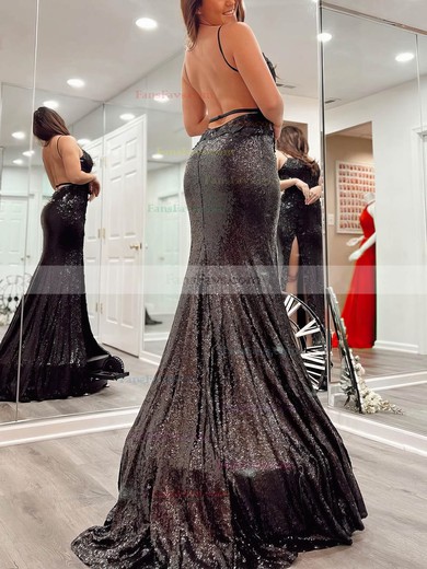 Sheath/Column V-neck Sequined Sweep Train Prom Dresses With Split Front #Favs020114094