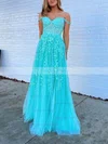 A-line Off-the-shoulder Tulle Sweep Train Prom Dresses With Appliques Lace #Favs020114098